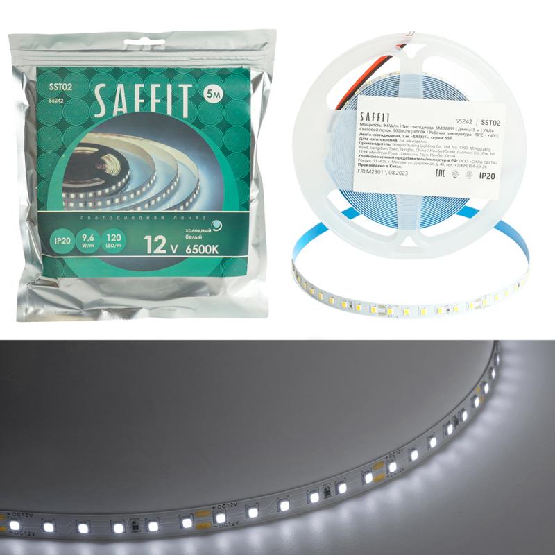 Светодиодная лента SST02 SAFFIT 120SMD(2835)/м 9.6Вт/м 12V 5000*8*1.22мм 6500К, 5м