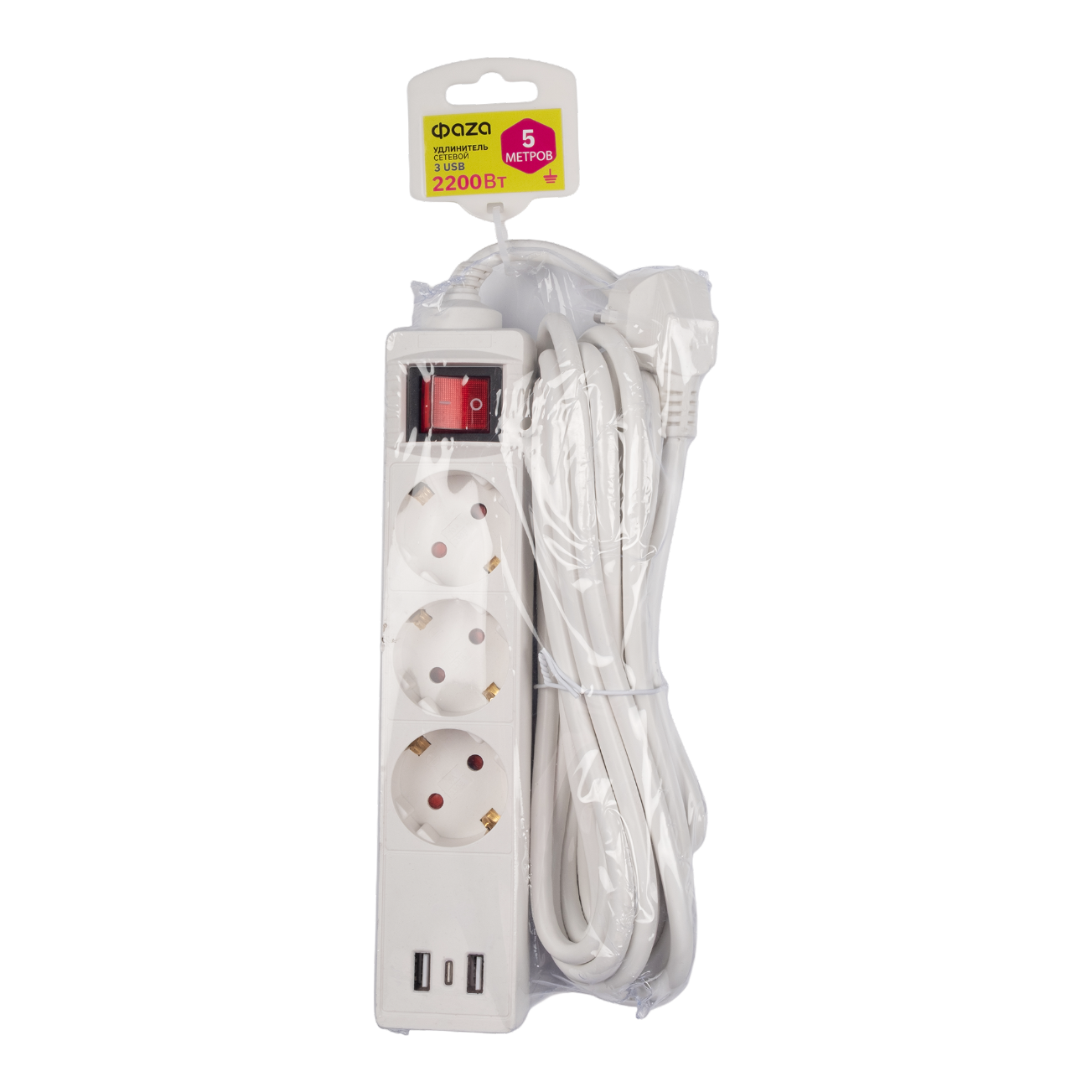 Удлинитель FES-03-500 USB (3 х 5) заземл., выкл. ФАZA
