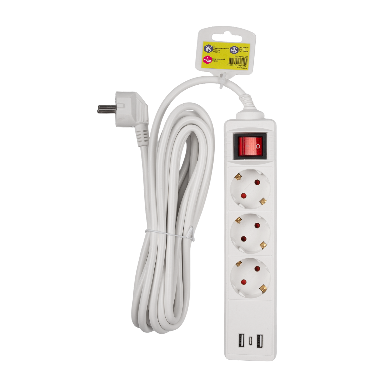 Удлинитель FES-03-500 USB (3 х 5) заземл., выкл. ФАZA