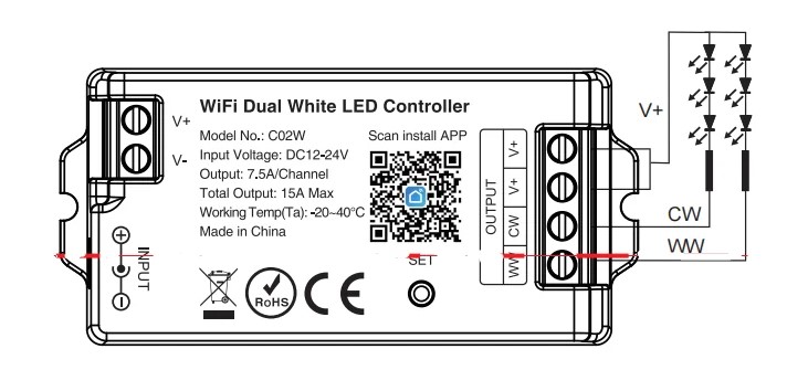 Контроллер CCT LP-C02W-15A WiFi Tuya 15A без пульта DC 12-24V