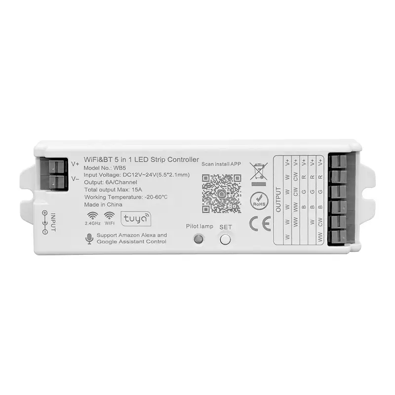 Контроллер 5в1 LP-WB5-15A Одноцв.,CCT,RGB,RGBW,RGB+CCT RF WiFi Tuya DC12-24V