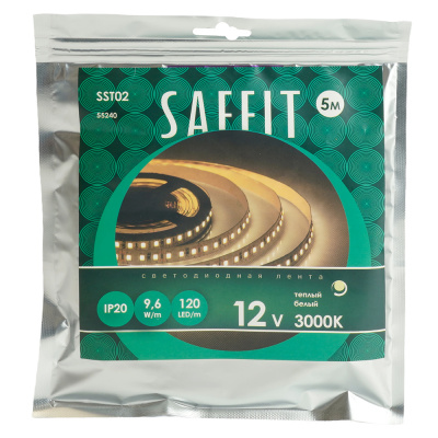 Светодиодная лента SST02 SAFFIT 120SMD(2835)/м 9.6Вт/м 12V 5000*8*1.22мм 3000К, 5м